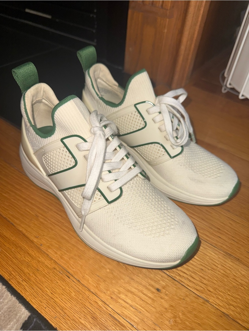 Tory Burch White Knit Sneakers with Green Trim